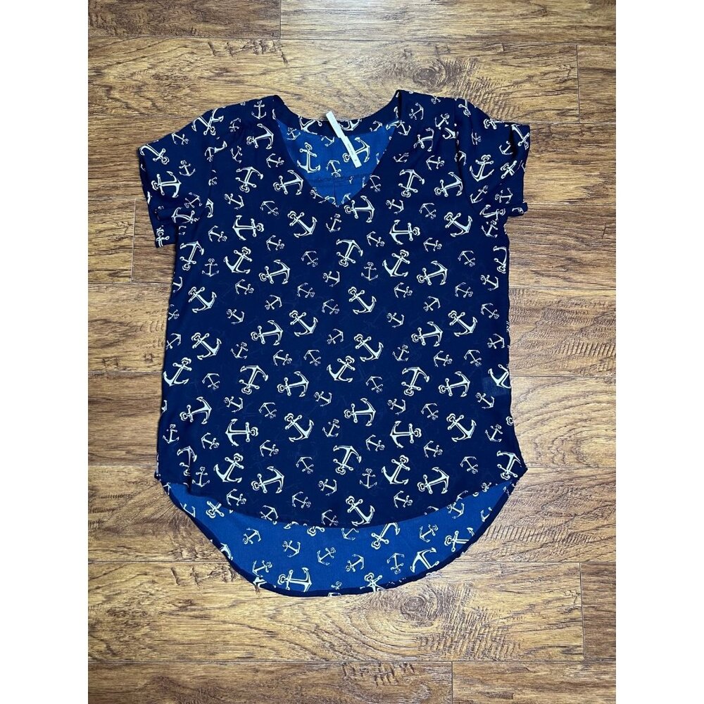 Nautical Sailor Anchor Shirt Blouse Top Medium Semi Sheer Hi-Lo Short Sleeve